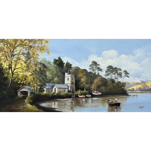 Painting of Church in Cornwall on the English South Coast with Figures & Boats 1985 Circa For Sale - Image 12 of 16
