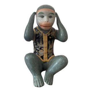 Large Vintage Hand Painted Chinese Chinoiserie “Hear No Evil” Monkey Sculpture For Sale