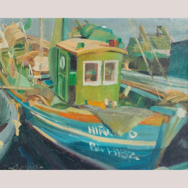 Post Impressionist Artist, Fisherman and Fishing Boats, 1980s, Oil on Canvases, Framed, Set of 2 For Sale - Image 7 of 11