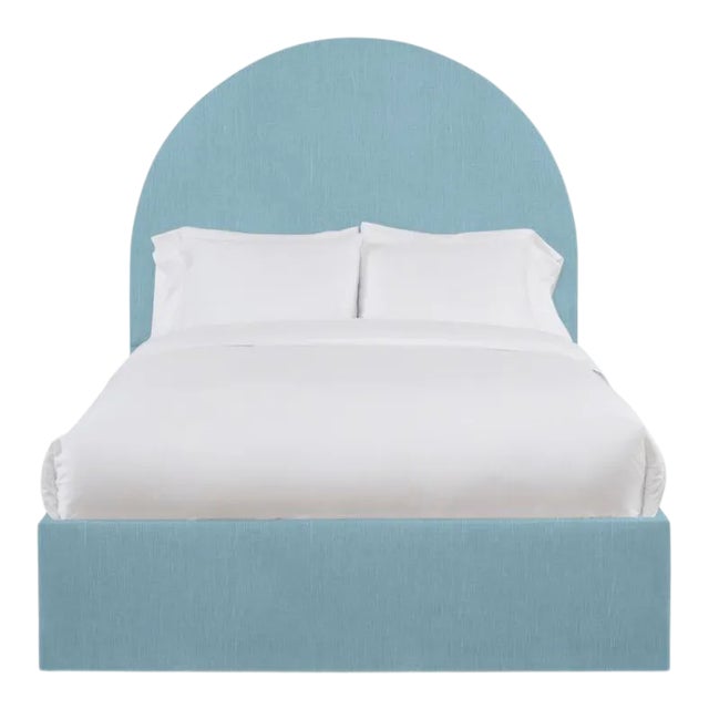 Poppy California King Bedframe, Mosaic Blue Linen For Sale