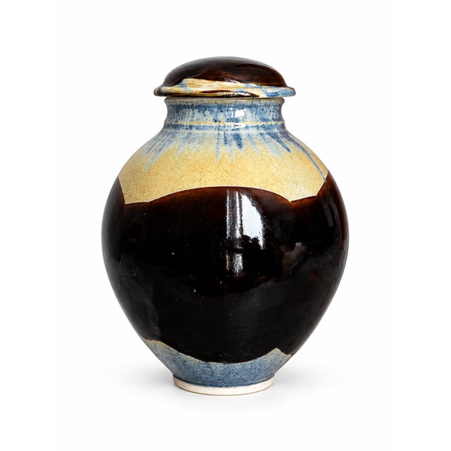 1980s Signed Studio Pottery Covered Jar With Brown, Blue & Cream Glaze For Sale - Image 9 of 9