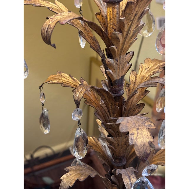 Vintage Hollywood Regency Italian Style Gilt Tole and Crystal Prism Table Lamp - a Pair For Sale In Houston - Image 6 of 9