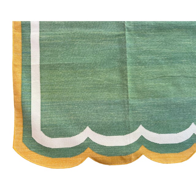 Handmade Cotton Area Scalloped Dhurrie, Moss Green, Cream and Mustard Border Rug-6'x9' For Sale - Image 11 of 13