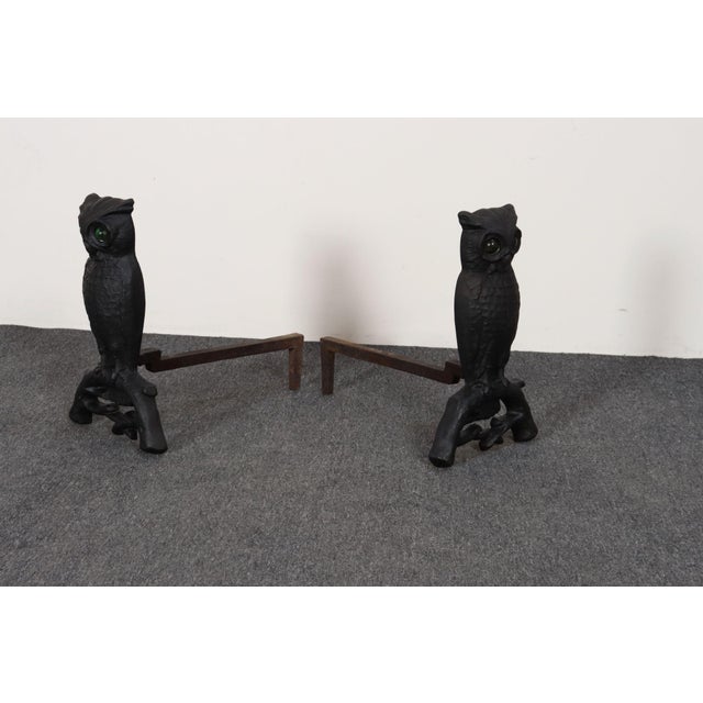 1920s Vintage Cast Iron Perched Owl Andirons With Blue Green Glass Eyes For Sale - Image 5 of 18