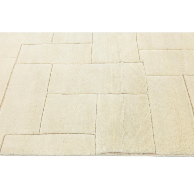 Contemporary Sculpted Ivory Moroccan Wool Rug Hand-Knotted Geometric High-Low For Sale In New York - Image 6 of 12