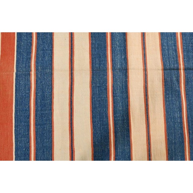 1950s Vintage Dhurrie Flat Weave in Blue and Orange Stripes Patterns by Rug & Kilim For Sale In New York - Image 6 of 7