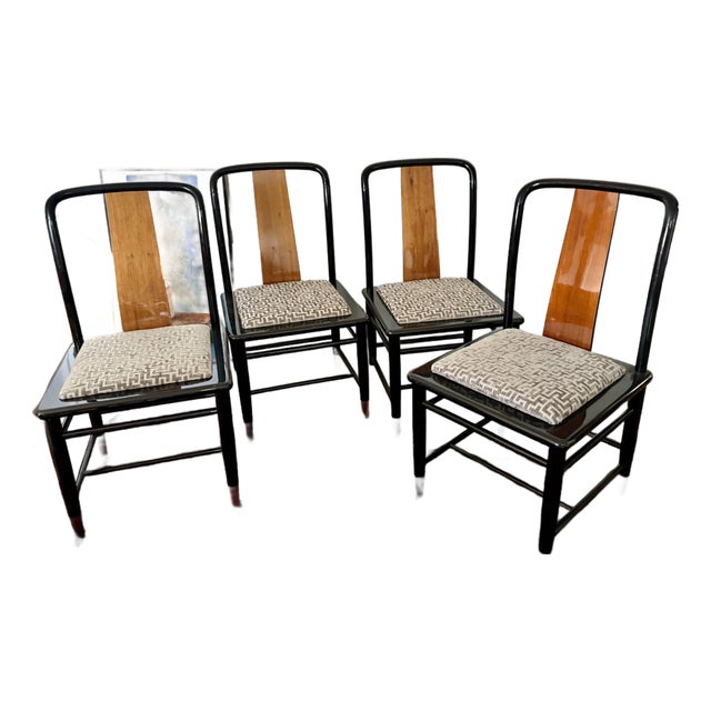 Henredon Style Black Lacquer, Wood, and Brass Side Chairs- Set of 4 For Sale