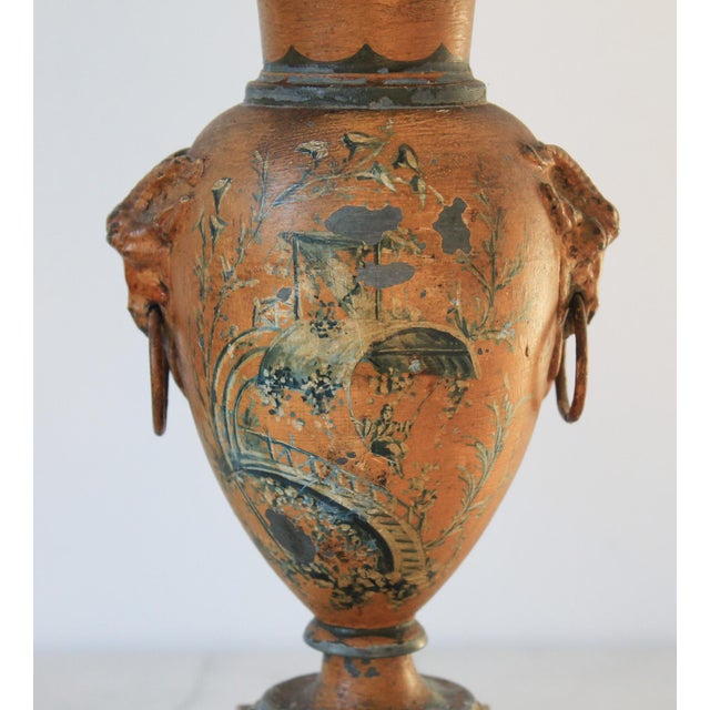 Vintage Asian Style Hand Painted Urn Shape Table Lamp W/ Goat Head Motif For Sale - Image 14 of 18