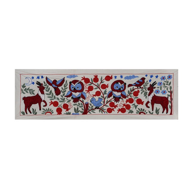 Colorful Suzani Table Runner – Owl, Deer & Floral Embroidery – Bohemian Folk Art Decor 1'6'' x 4'7'' Dimension; 20'' x 57"...