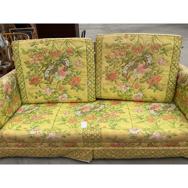 A beautifully detailed custom-made vintage Thomasville sofa dating to the 1980s, featuring an elegant Chinoiserie-inspired...