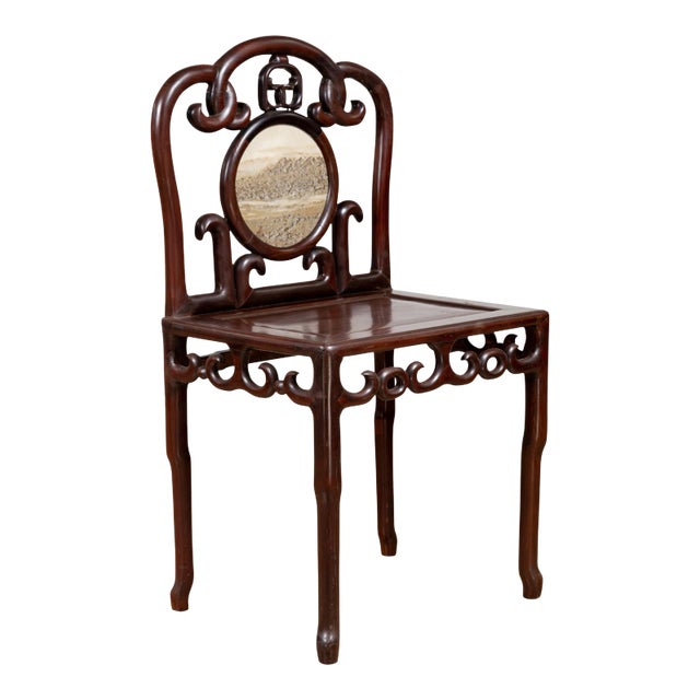 Chinese Antique Rosewood Side Chair with Open Fretwork and Marble Medallion For Sale