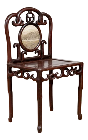 Chinese Antique Rosewood Side Chair with Open Fretwork and Marble Medallion