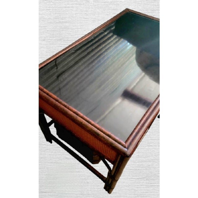 Vintage Cane Tortoiseshell 2 Drawer Campaign British Colonial Black Plexi Glass Top Writing Desk For Sale - Image 11 of 13