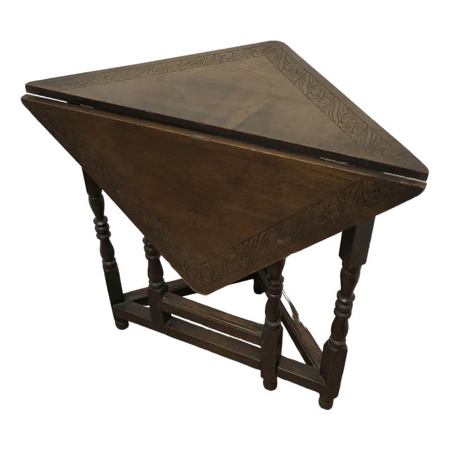 Carved Oak Triangular Gate Leg Side Table, 1890s For Sale