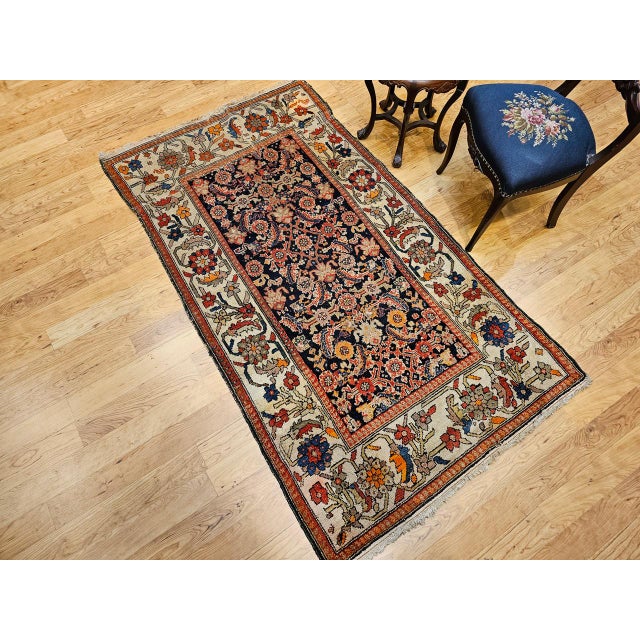 Persian Antique Malayer Area Rug, Hand-Knotted Wool, Geometric Pattern, 4x7, Navy & Ivory For Sale - Image 3 of 17