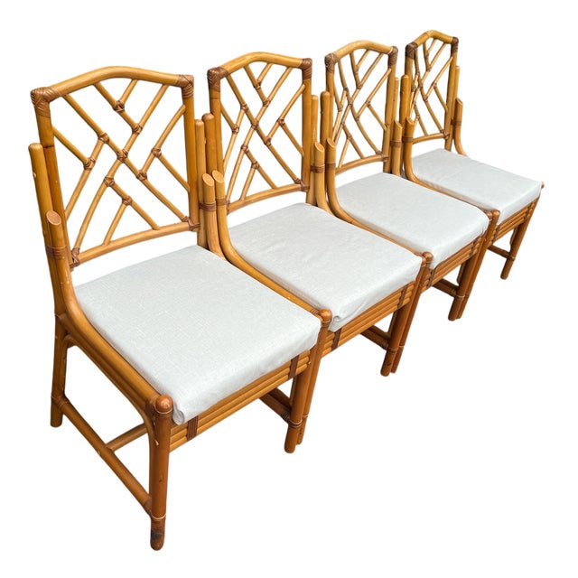 Chinoiserie Vintage Set of 4 Chinese Chippendale Bamboo Dining Chairs With Lattice Backs For Sale - Image 3 of 16