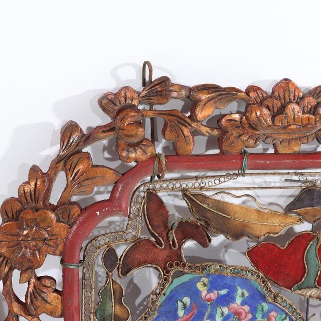 Wood Pr Antique Chinese Floral Carved Hardwood, Enameled Copper, Silk & Mica Screens For Sale - Image 7 of 8