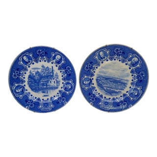 Vintage Lamberton Scammell Moravian Blue Transferware Historical Commemorative Plates For Sale