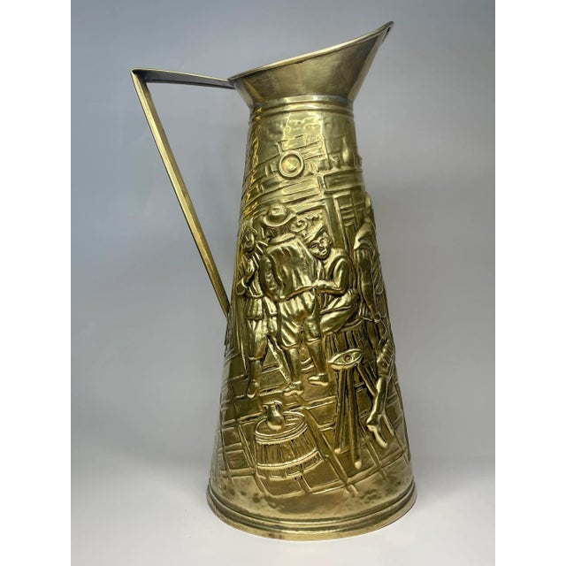 Mid-Century Modern English Traditional Embossed Pub Scene Brass Pitcher For Sale - Image 3 of 12