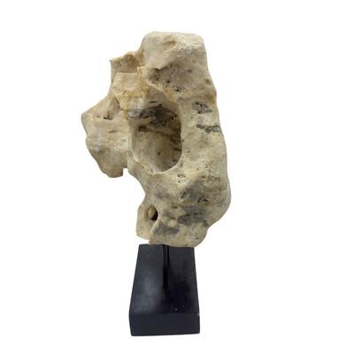 Natural coral stone from Indonesia with a sandy hue, displayed on a handcrafted teak stand. Its organic texture and warm...