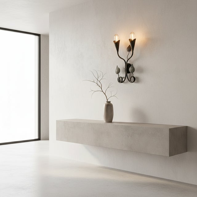 Rustic Hand-Forged Wrought Iron Double Wall Sconce Body (Botanical Twin Lily Motif) Artistic Fixture For Sale - Image 3 of 5