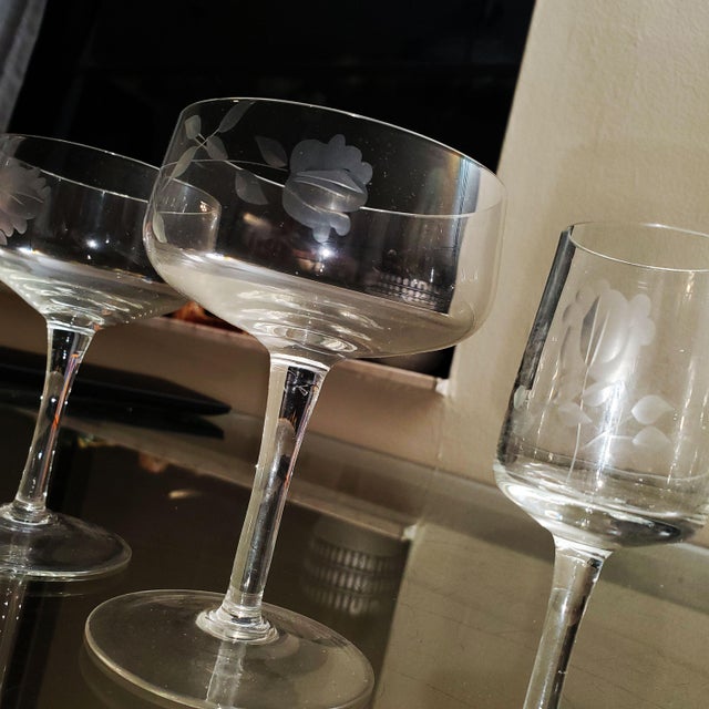 12 People Set 5 Sizes-58pcs Crystal Wine Glasses-1970 Society Crystal -Delicate Flower Etched Design For Sale - Image 14 of 17