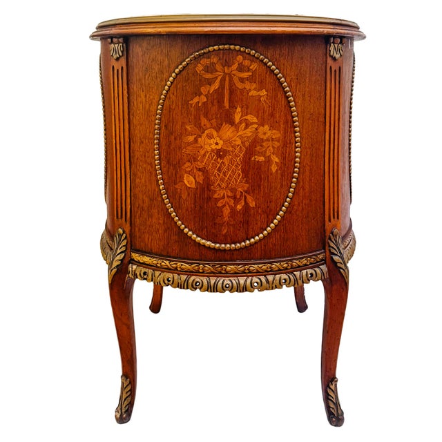 Louis XVI Style Round Gueridon Commode Tables With Carrara Marble & Floral Marquetry - A Pair For Sale - Image 10 of 18