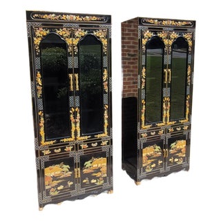 Vintage Asian Black Lacquer Mother-of-Pearl Inlaid Two-Piece China/Display Cabinet For Sale