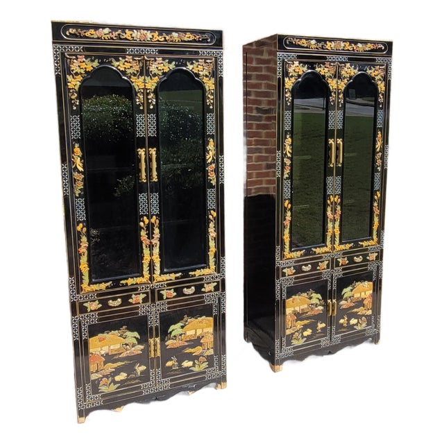 Vintage Asian Black Lacquer Mother-of-Pearl Inlaid Two-Piece China/Display Cabinet For Sale