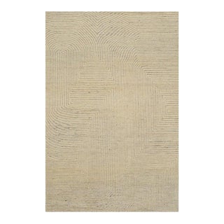 10x14 Ivory Hand-Knotted Wool Linear Maze Geometric Modern Carpet Rug For Sale
