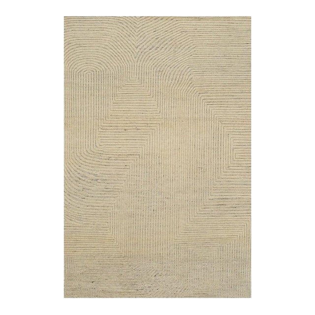 10x14 Ivory Hand-Knotted Wool Linear Maze Geometric Modern Carpet Rug For Sale