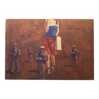 Banksy Style, Woman Shopping With Soldiers, Print on Wood, 1990 For Sale