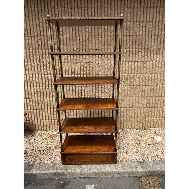 Vintage Hollywood Regency Style Brass Frame Burled Wooden Shelves Bookcase Etagere For Sale - Image 16 of 17