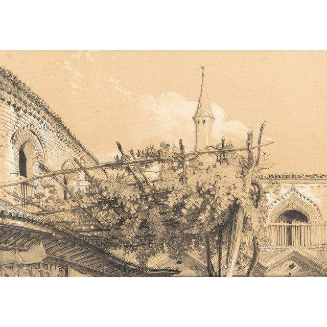 Beautiful duotone lithograph depicting the Silk Khan (marketplace) in Constantinople (Istanbul), titled "Silk Khan,...