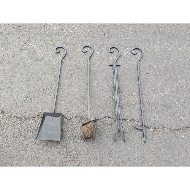 Mid 20th Century Vintage 4-Piece Wrought Iron Fireplace Tool Set Stand For Sale - Image 5 of 7