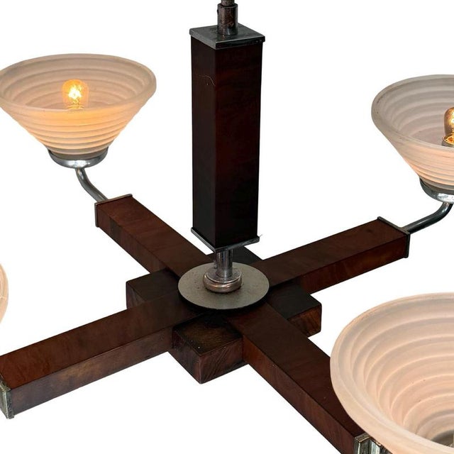 Black Art Deco Satin Glass, Walnut Veneer and Chromed Metal 4-Light Chandelier, Former Czechoslovakia, 1930 For Sale - Image 8 of 10