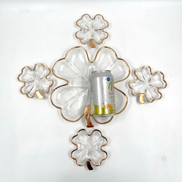 Vintage Jeannette Glass four-leaf clover shamrock serving set from the 1970s, featuring one large divided serving dish and...