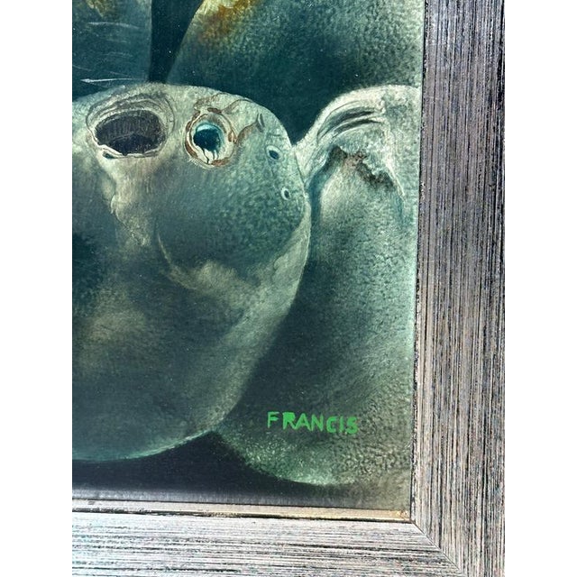 Large atmospheric painting by Francis presenting a contemplative, surreal landscape dominated by rounded stone forms and a...