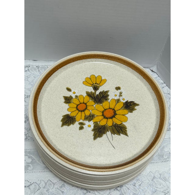 Cheerful Midcentury Mikasa stoneware rustic floral dinner plates. Set of eleven, made in Japan. Bright and cheerful gold...