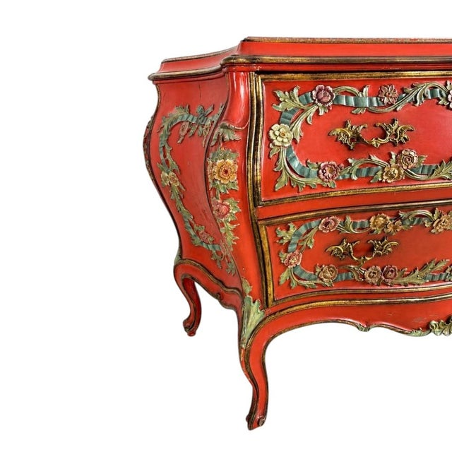 Shaped Red-Painted Commode with Marble Top For Sale - Image 6 of 7