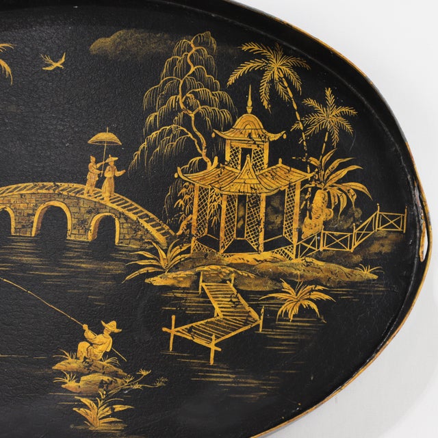Late 20th Century Vintage Black and Gold Chinoiserie Lacquerware Serving Tray For Sale - Image 5 of 14