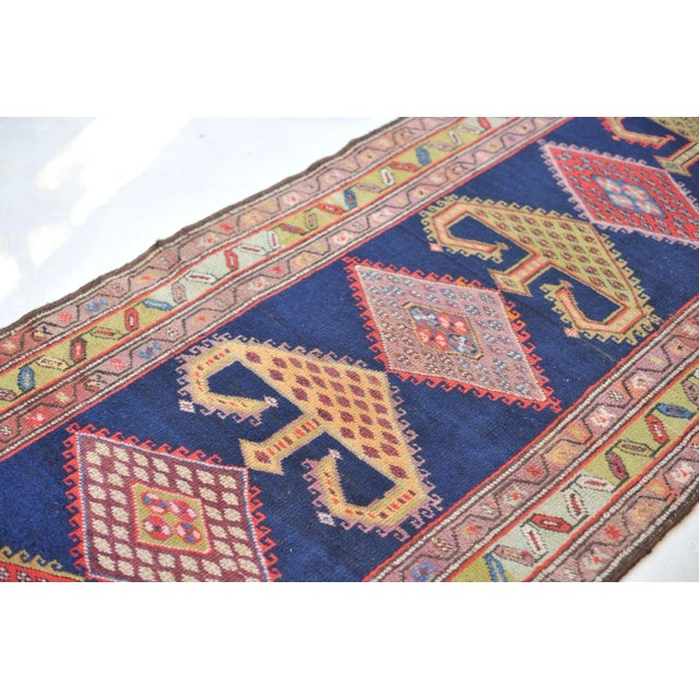1940s Tribal Indigo, Teal, Plum & Pistachio Green Geometric Design Rug, 3.9 x 14.2 For Sale - Image 10 of 11