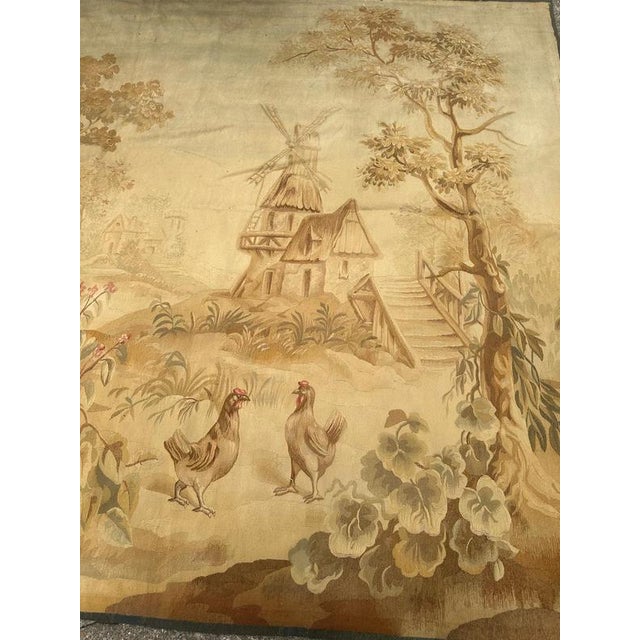Very beautiful late 19th century French Aubusson tapestry with a nice design of a village, with nature, trees, birds, a...