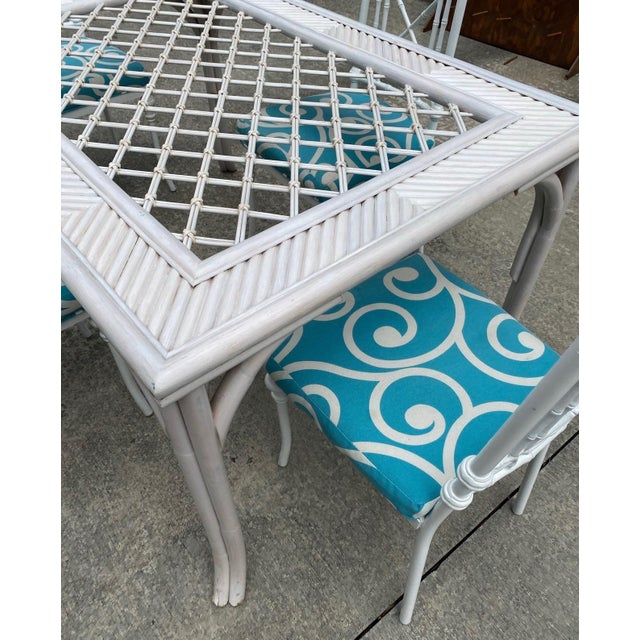 1970s White Wicker Dining Table With Metal Chairs and Blue Accent Cushions For Sale In Atlanta - Image 6 of 9