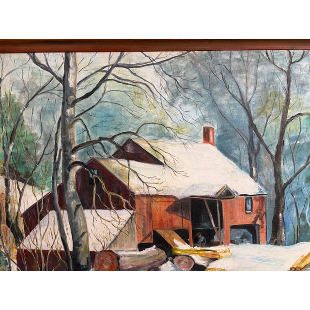Large 1963 Signed Oil Painting Winter Landscape Red Barn Snow Scene Rustic Farm by L. Brade For Sale - Image 4 of 18