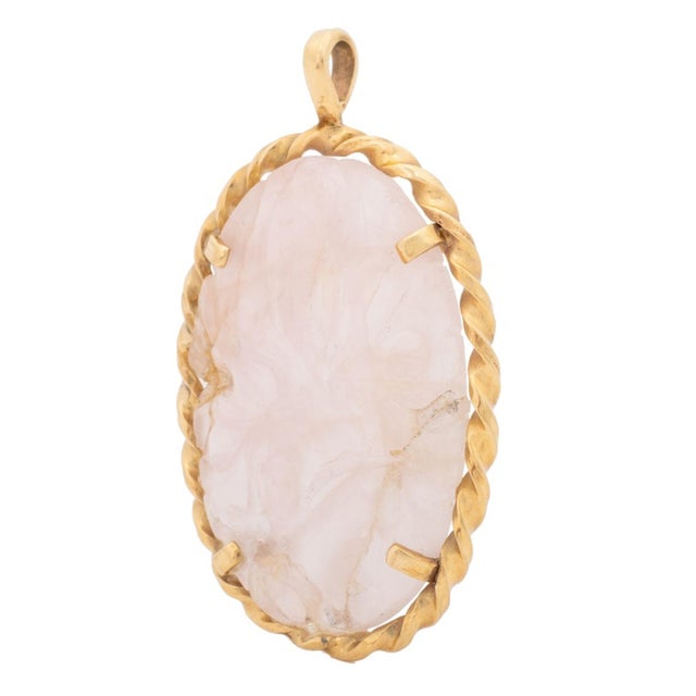 Chinese Carved Floral Motif Rose Quartz Prong Set Twisted Bezel-Ring 14K Yellow Gold Pendant, can be worn through on bail....