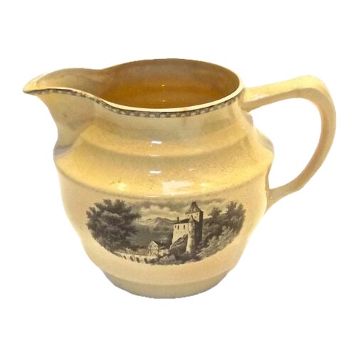 Antique Dutch scenic pitcher with handle and spout. Castle scene on one side and lake scene on the other. Marked "Societe...