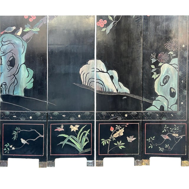 Black Vintage Chinese Coromandel Lacquer Court House Theme 8 Panel Screen For Sale - Image 8 of 12