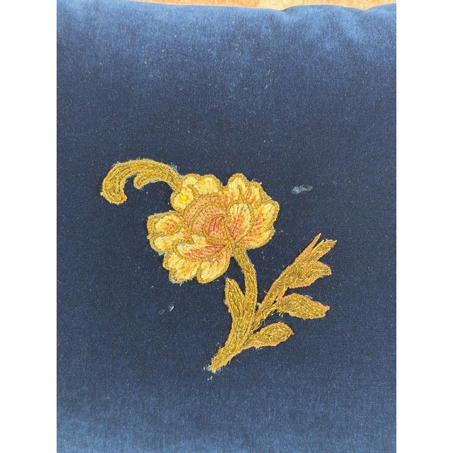 Pair of French Sapphire Velvet Pillows With 19th Century Gold Metallic Appliques For Sale - Image 11 of 11