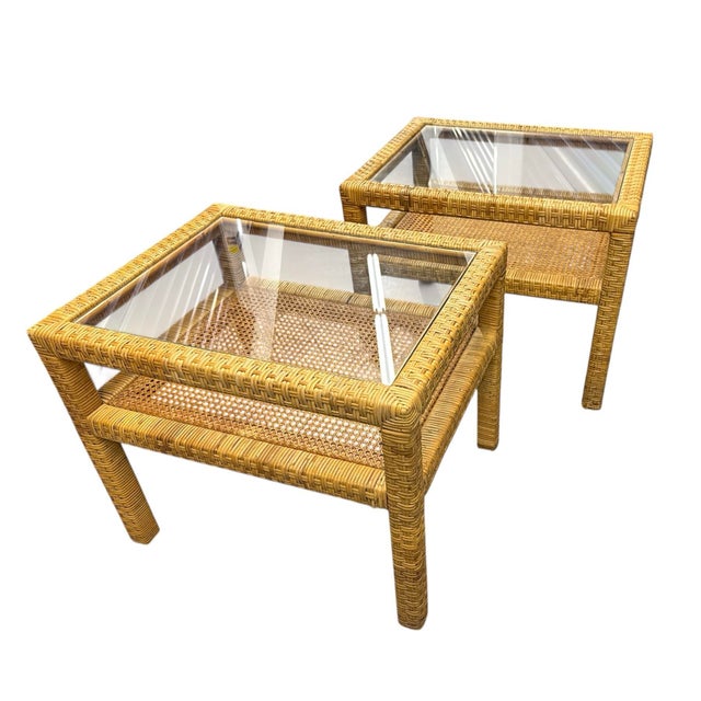 French Pair Rattan & Caning Side Tables With Shelf For Sale - Image 3 of 7